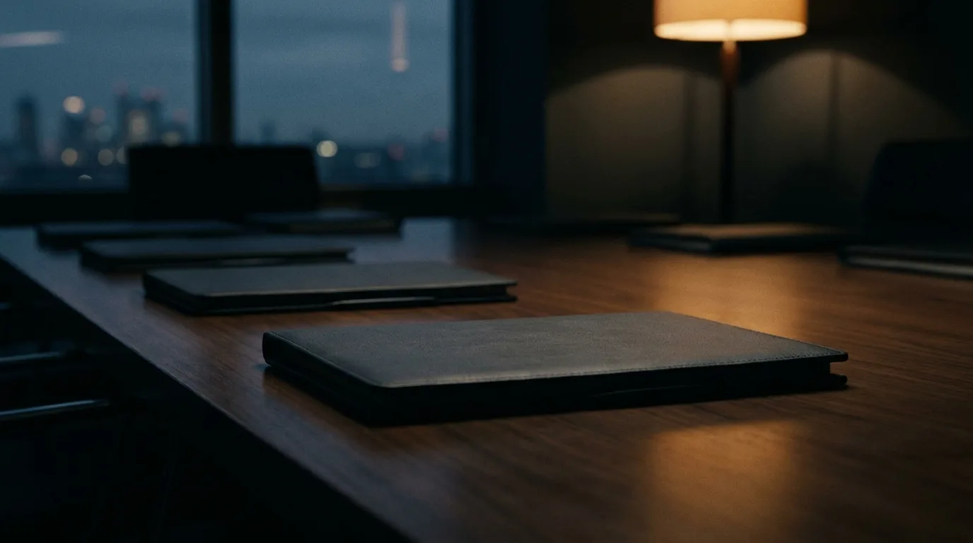 Closed charcoal folios on a boardroom table at night, lit by a single warm lamp.