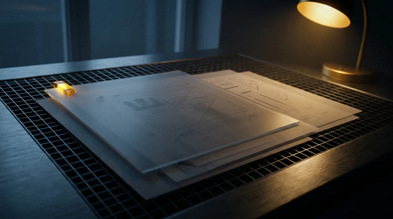 Translucent sheets aligned on a dark grid with a single amber marker.